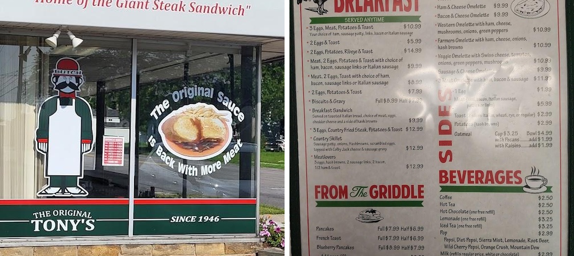 Tony's Original Restaurants Menu
