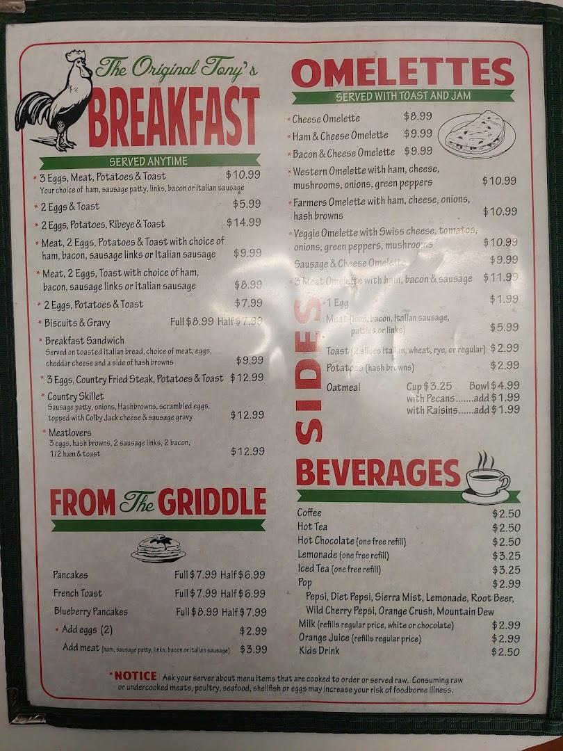 Tony's Original Restaurants Menu image 1